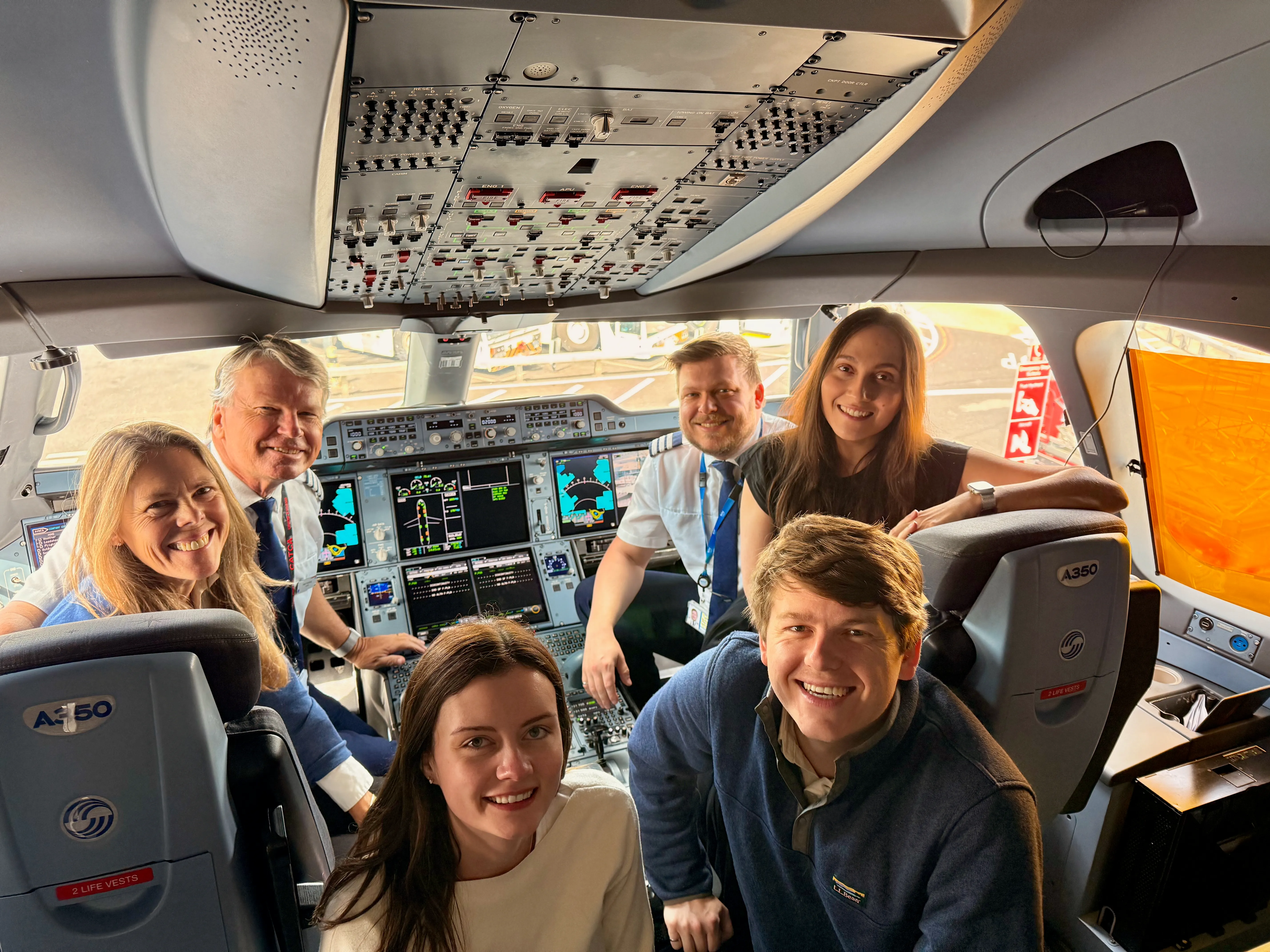 From left to right: Mum, Dad, Brooke (Ben's girlfriend), Myself, Ben, and Bruna (my fiancée!) Photo of our family in the cockpit of an A350