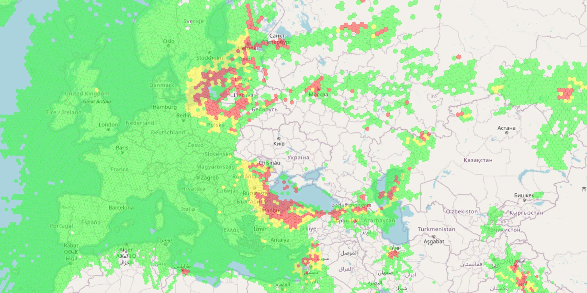 A single day of GPS jamming, via gpsjam.org. The red zones are where satellite navigation becomes unreliable, and where the old radio navaids quietly take over. A global map of GPS interference